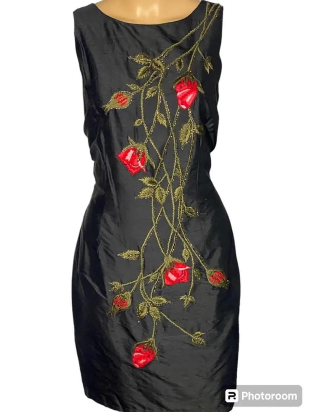 Vintage 100% Silk Black Mini Dress with Beaded Rose Embroidery - Romantic M